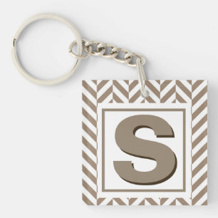 Tan White Herringbone Monogram Keychain