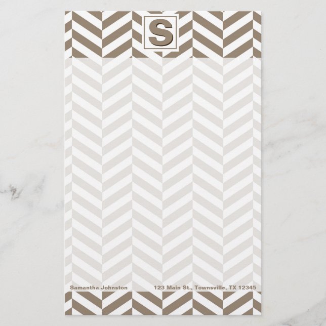 Tan White Herringbone Monogram Stationery (Front)