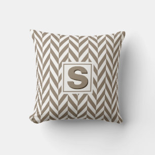 Tan White Herringbone Monogram Throw Pillow
