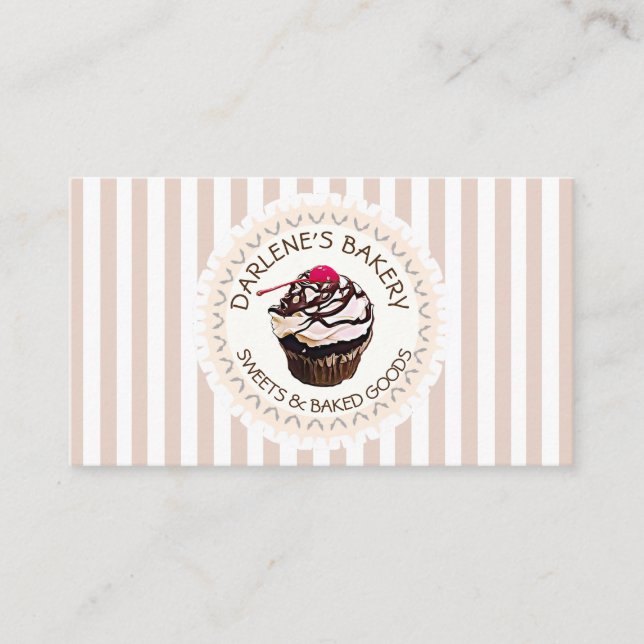 Tan &White Striped Chocolate Cupcake Business Card (Front)