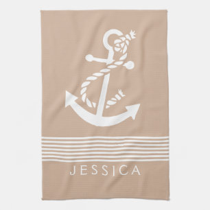 Tan & White Stripes With Nautical Anchor Kitchen Towel