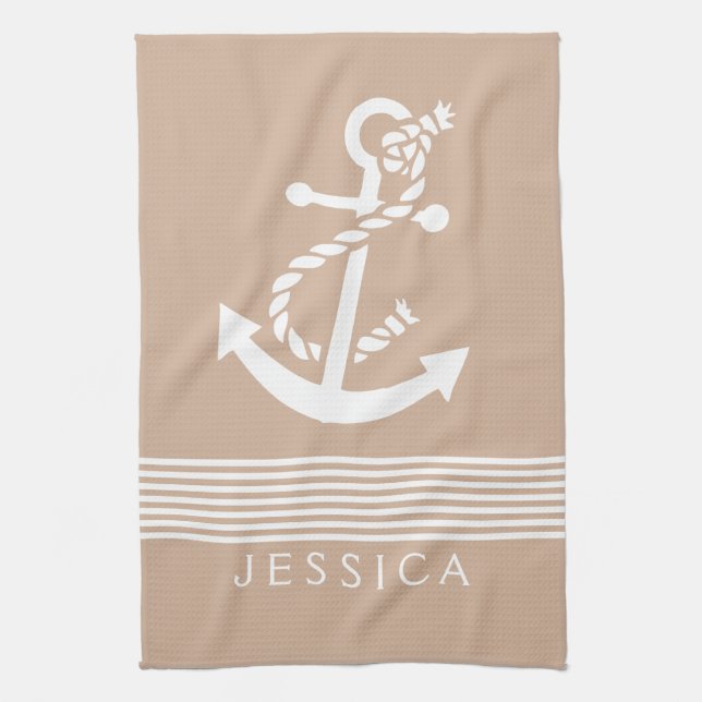 Tan & White Stripes With Nautical Anchor Kitchen Towel (Vertical)