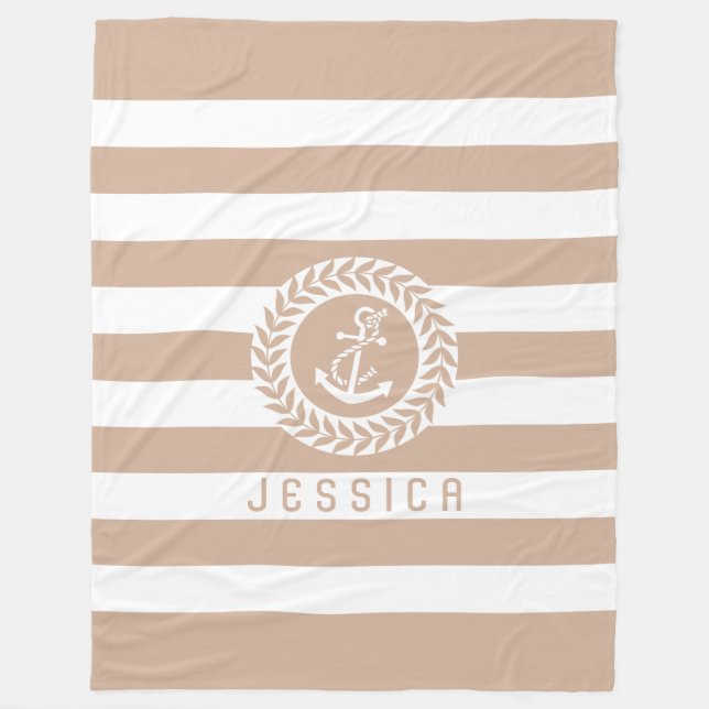 Tan & White Stripes With White Nautical Anchor Fleece Blanket (Front)
