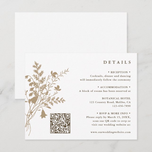Tan & White Wildflower Bouquet Wedding Details Enclosure Card (Front/Back)