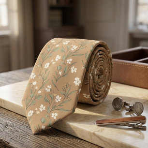Tan Wildflower Delicate White Blossom & Leaves  Tie