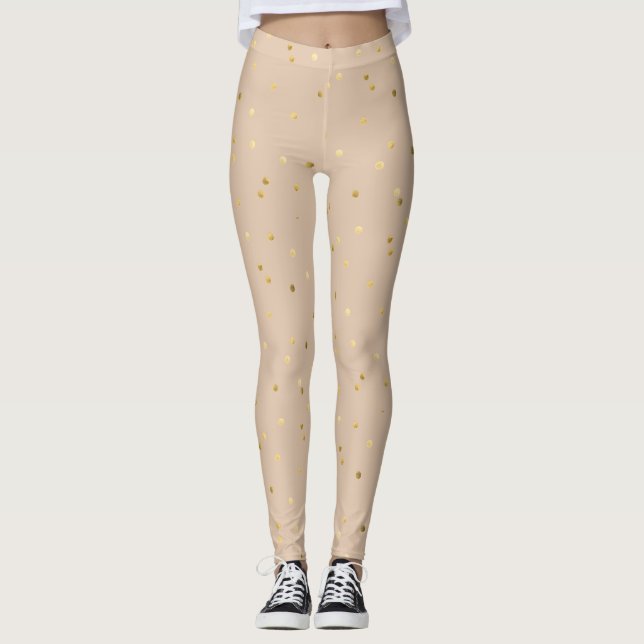 Tan With Shiny Gold Circle Dots Confetti Leggings (Front)