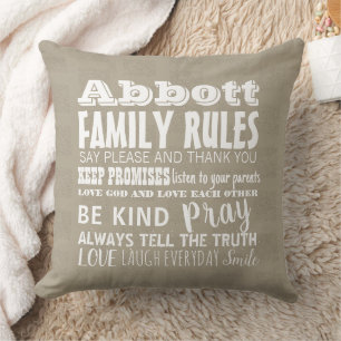 Tan Your Family Name Family Rules Established Date Throw Pillow