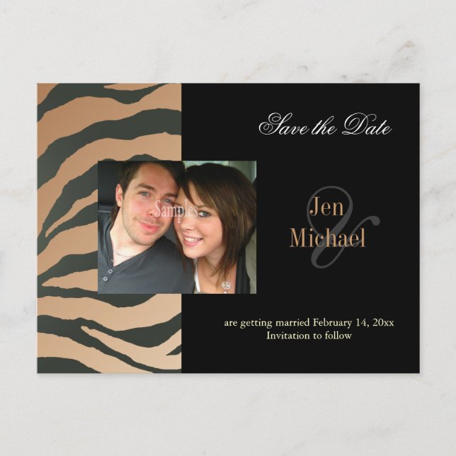 Tan  zebra Save the Date Photo postcards, Announcement Postcard (Front)