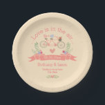 Tandem Bicycle, Birds and Banner Wedding Paper Plate<br><div class="desc">Custom wedding paper plates to use at the wedding reception and wedding party. Elegant, romantic, personalized, template for weddings with a cute, pink tandem bicycle with a basket of pretty, colourful flowers, and whimsical pink and blue cartoon birds with a love heart between them sitting on the seats of the...</div>