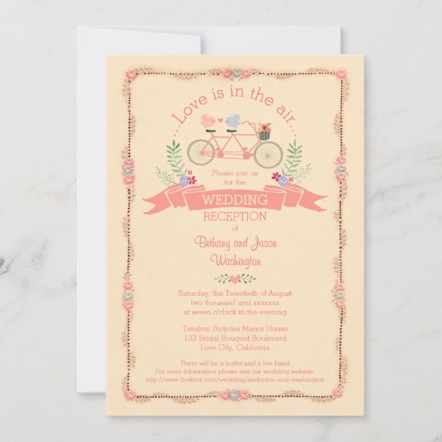 Tandem Bicycle, Birds and Banner Wedding Reception Invitation (Front)
