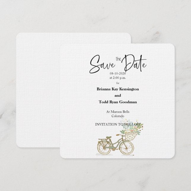 Tandem Bicycle Casual Square Save the Date Card (Front/Back)