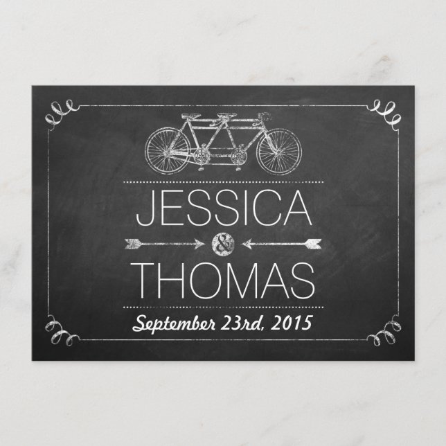 Tandem Bicycle Chalkboard Typography Wedding Enclosure Card (Front)