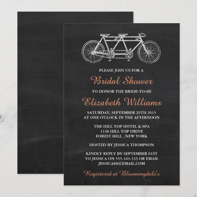 Tandem Bicycle On Chalkboard Bridal Shower Invitation (Front/Back)