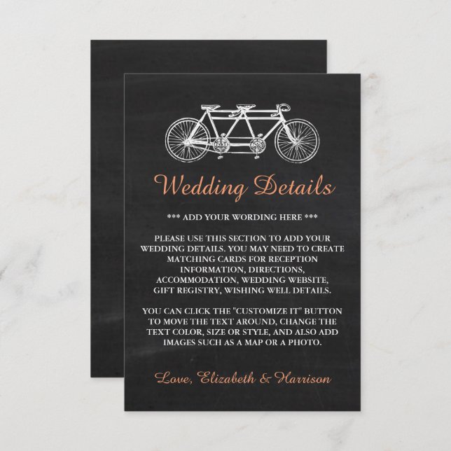 Tandem Bicycle On Chalkboard Wedding Detail Insert (Front/Back)