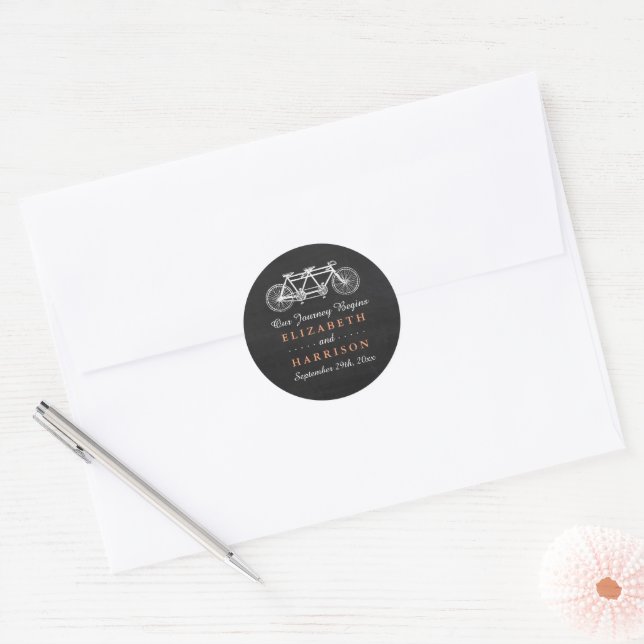 Tandem Bicycle On Chalkboard Wedding Favour Classic Round Sticker (Envelope)