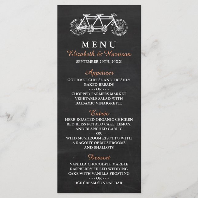 Tandem Bicycle On Chalkboard Wedding Menu (Front)