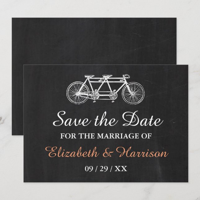 Tandem Bicycle On Chalkboard Wedding Save The Date (Front/Back)