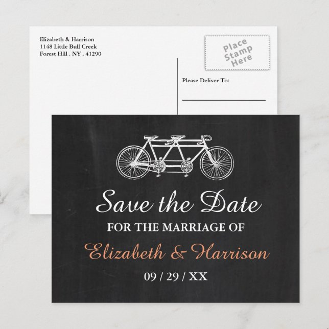 Tandem Bicycle On Chalkboard Wedding Save The Date Announcement Postcard (Front/Back)