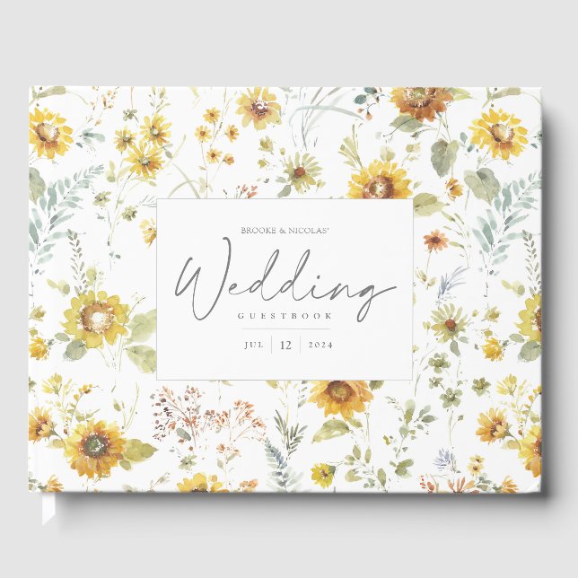 Tandem Bicycle Rustic Sunflower Watercolor Wedding Guest Book (Front)