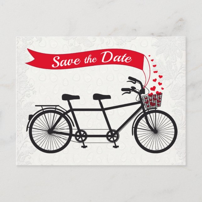 Tandem Bicycle Save the Date Hearts Announcement Postcard (Front)