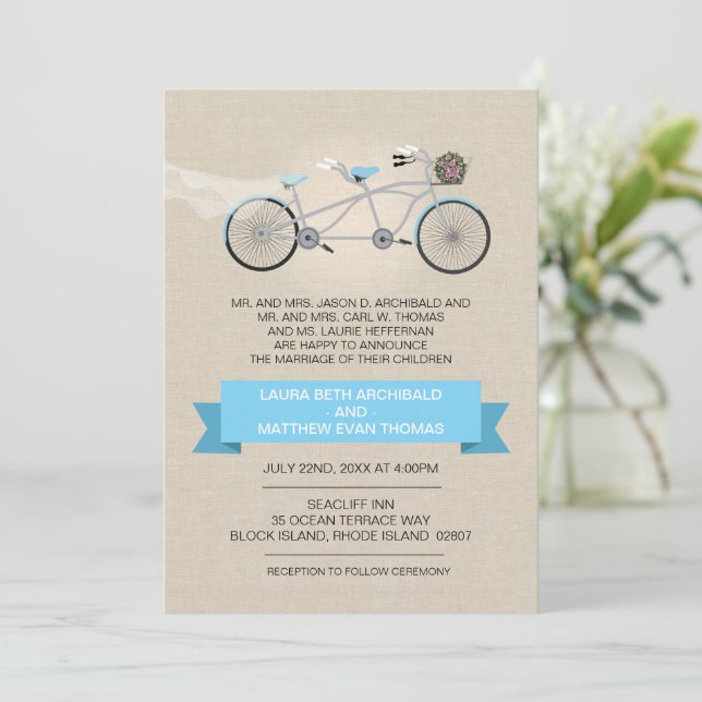 Tandem Bicycle Wedding Faux Linen Invitation (Standing Front)