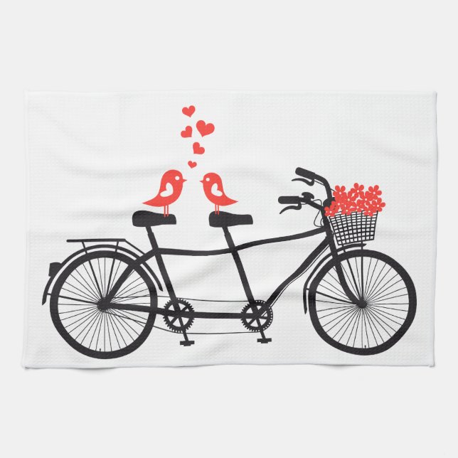 tandem bicycle with cute love birds kitchen towel (Horizontal)