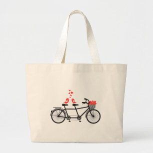 tandem bicycle with cute love birds large tote bag