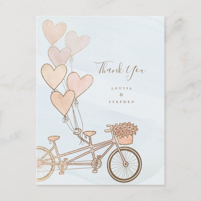 Tandem bike and heart balloons in faux foil postcard (Front)