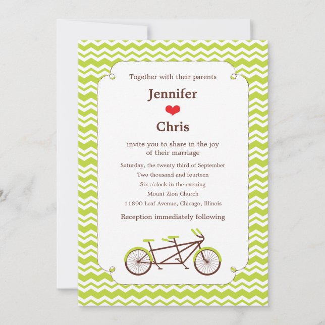 Tandem Bike (Green Chevron) Wedding Invitation (Front)