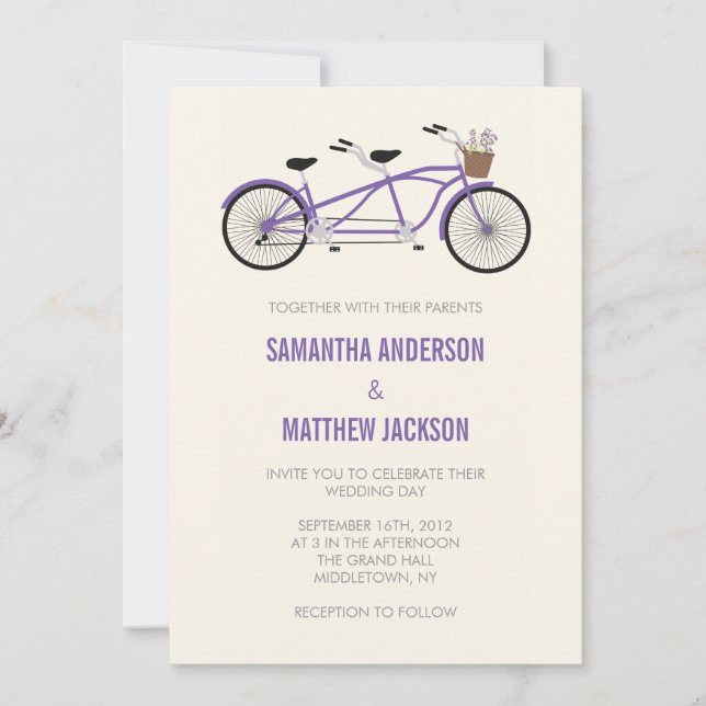 Tandem Bike Wedding Invitation - Purple (Front)