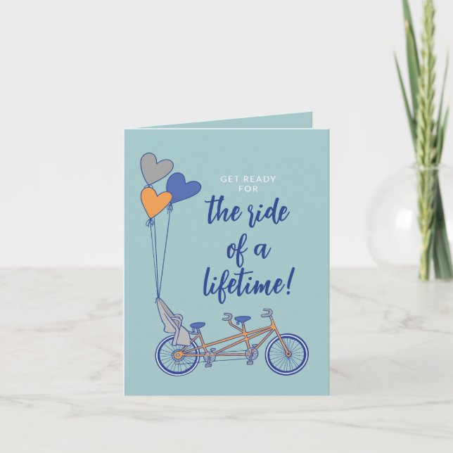 Tandem bike with baby seat & heart balloons card (Front)