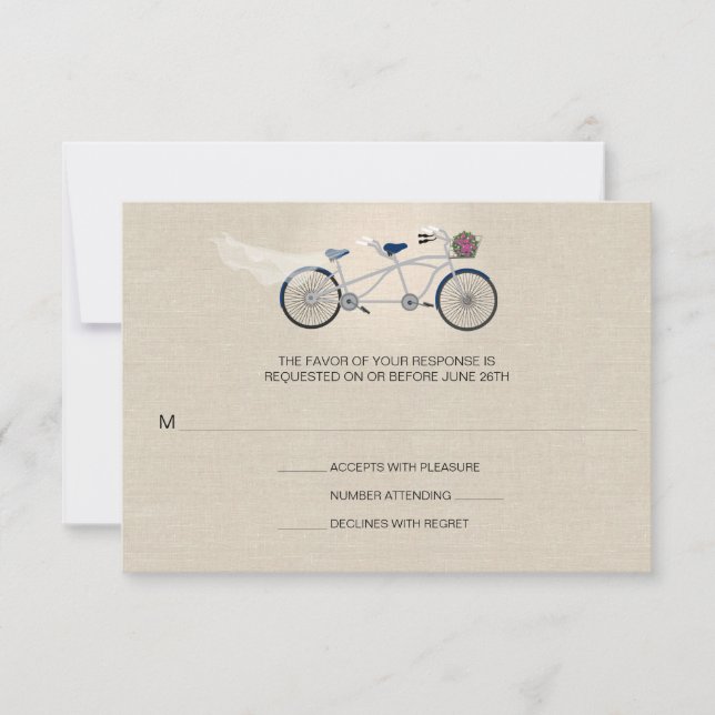 Tandem Bleu foncé Vélo Mariage Faux Linen RSVP (Devant)