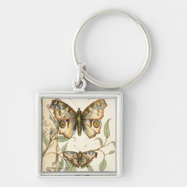 Tandem Butterflies Over Green Leaves Keychain (Front)