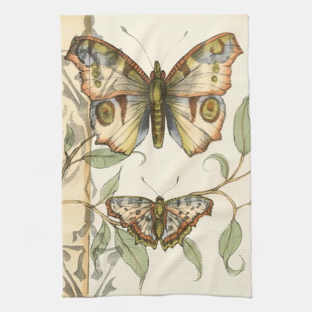 Tandem Butterflies Over Green Leaves Kitchen Towel (Vertical)