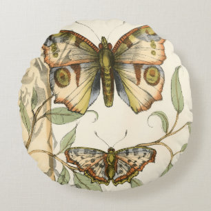 Tandem Butterflies Over Green Leaves Round Pillow