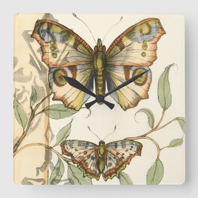 Tandem Butterflies Over Green Leaves Square Wall Clock (Front)
