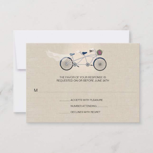 Tandem Dark Blue Bicycle Wedding Faux Linen RSVP (Front)