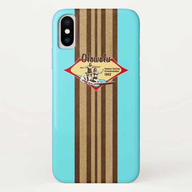 Tandem Surfing Hawaiian Faux Wood Aqua Surfboard Case-Mate iPhone Case (Back)