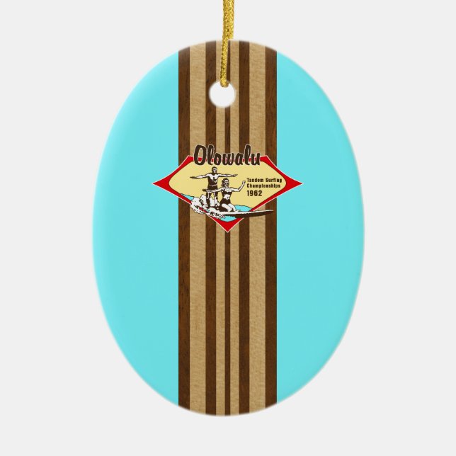 Tandem Surfing Hawaiian Faux Wood Surfboard Ceramic Ornament (Front)