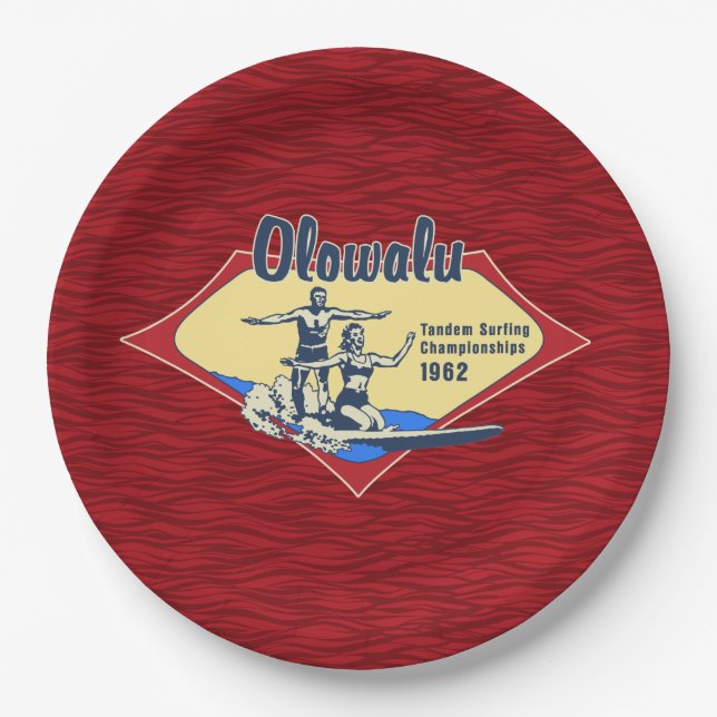 Tandem Surfing Hawaiian Vintage Surf Design Paper Plate (Front)