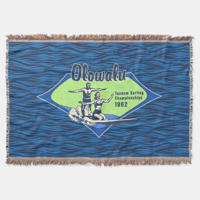 Tandem Surfing Hawaiian Vintage Surf Design Throw Blanket (Front)
