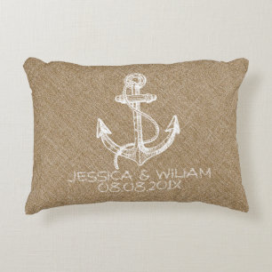 Tane Linen Print & White Nautical Anchor Accent Pillow