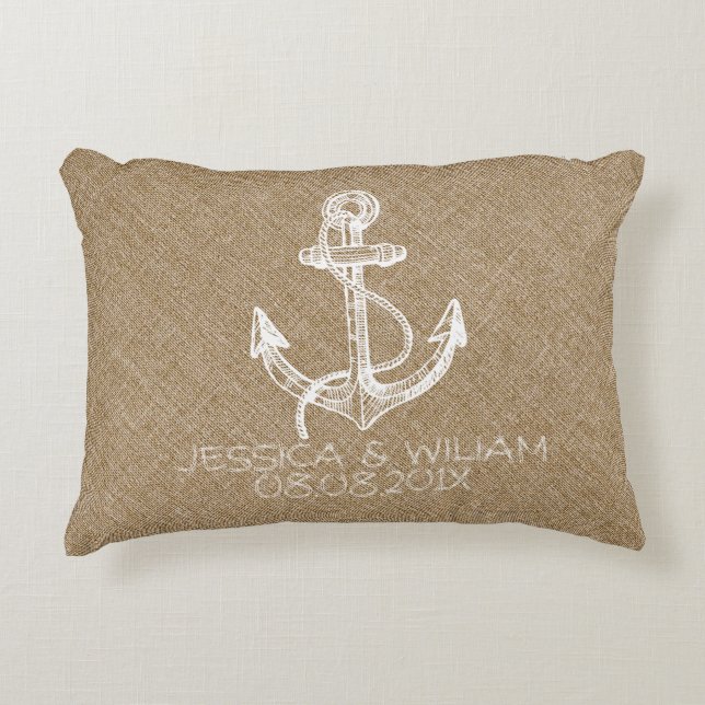 Tane Linen Print & White Nautical Anchor Accent Pillow (Front)