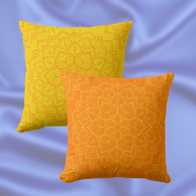 Tangelo Orange and Empire Yellow Boho Mandala Throw Pillow (Creator Uploaded)
