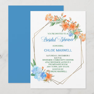 Tangerine and Blue Floral Frame Bridal Shower Invitation