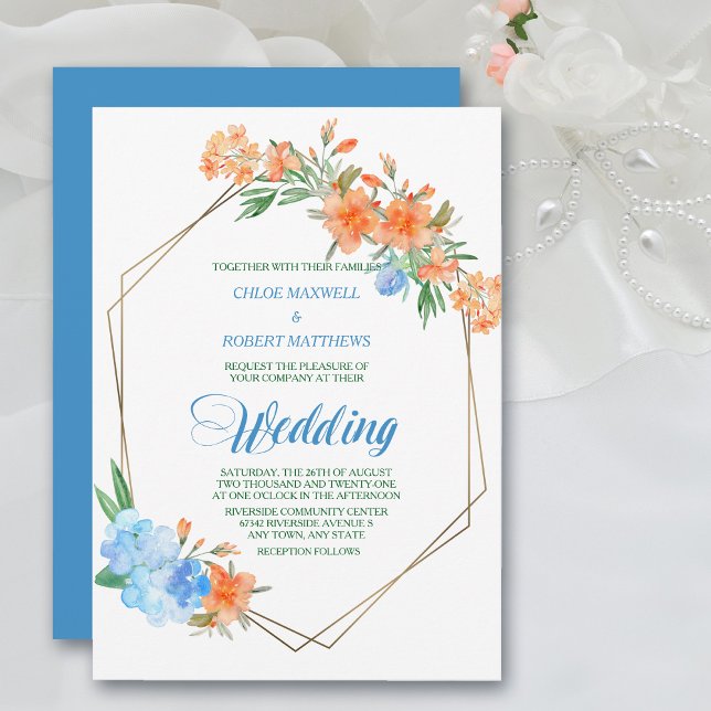 Tangerine and Blue Floral Frame Wedding Invitation (Creator Uploaded)