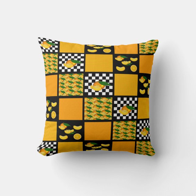 Tangerine and Plaid Patchwork Throw Pillow (Front)