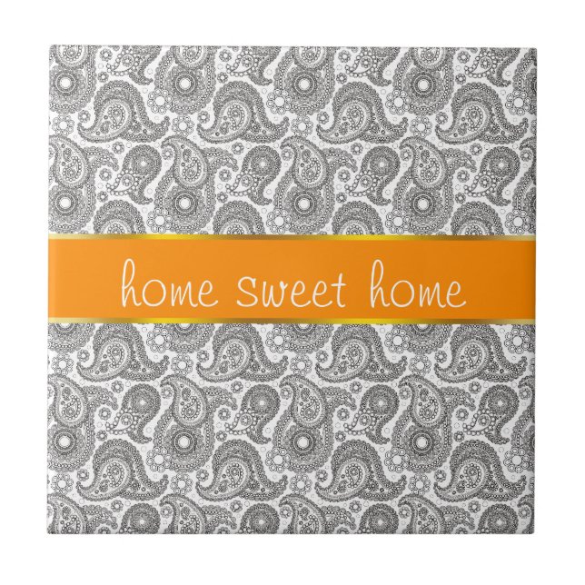 Tangerine Black Paisley Tile (Front)