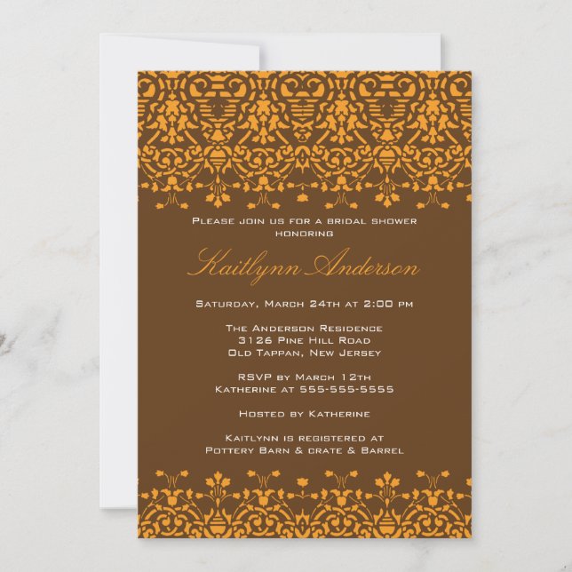 Tangerine & Brown Damask Bridal Shower Invitation (Front)