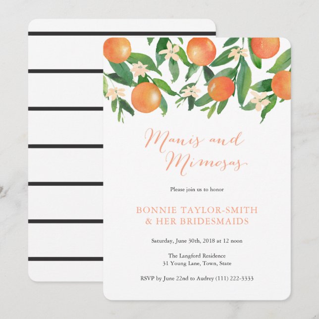 Tangerine Charcoal Manis Mimosas Bridal Luncheon Invitation (Front/Back)